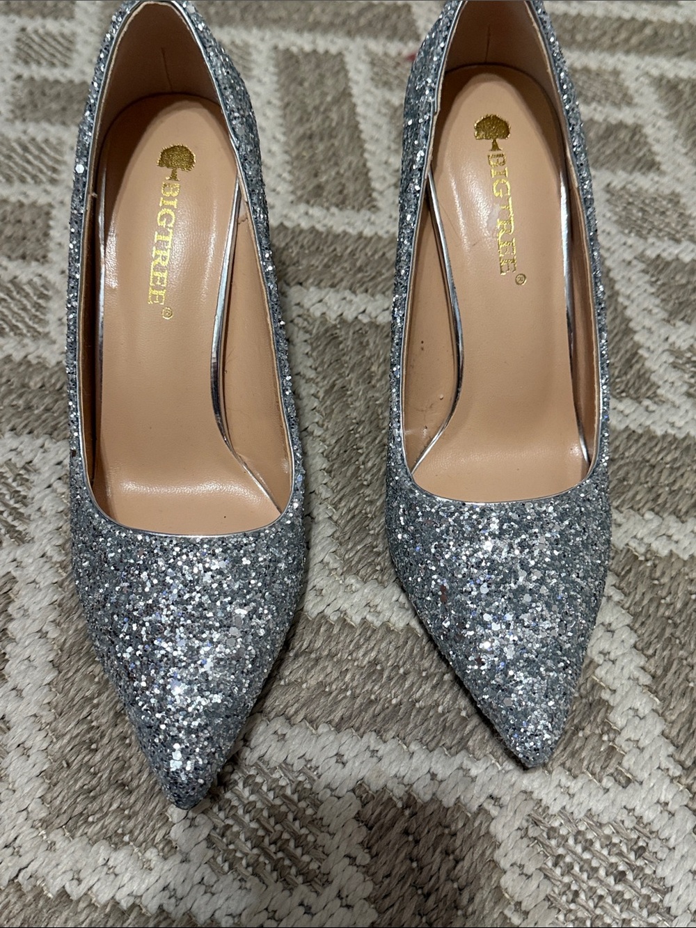 BigTree Silver Glitter Pointed Toe Pumps for Women